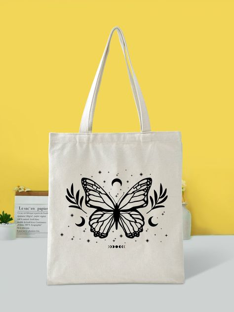 Beige Preppy   Cotton Animal Shopper Bag Embellished   Women Bags Creative Tote Bag, Diy Tote Bag Design, Painted Canvas Bags, Handpainted Tote Bags, Pretty Tote Bags, Butterfly Moon, Desain Tote Bag, Star Shopping, Canvas Bag Design