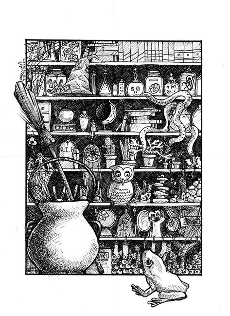 Old Witch Drawing, Witch House Drawing, Witch Cabinets, Witch Cupboard, Cabinet Illustration, Witches Cabinet, Witch Cabinet, Scene Composition, Witch Store