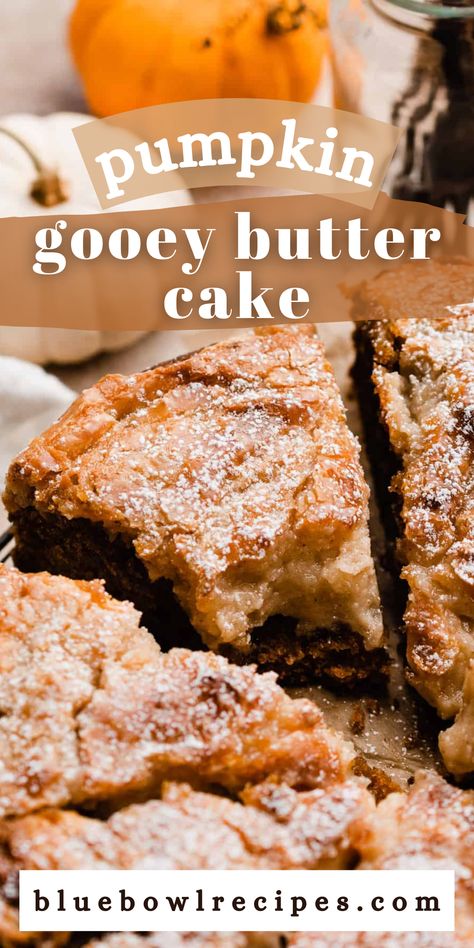 This Pumpkin Gooey Butter Cake has a fluffy, spiced pumpkin cake base & is topped with a gooey cream cheese layer. The cake bakes to tender perfection under the gooey cream cheese layer, and who can resist that crackly top! #pumpkincake #halloweencake #thanksgivingcake #thanksgivingdessert #gooeybuttercake #easydesserts #layercake #pumpkinspice #pumpkindesserts #pumpkin #fallbaking #fallcake #falldesserts #bluebowlrecipes | bluebowlrecipes.com Pumpkin Butter Cake, Pumpkin Gooey Butter Cake, Magic Cakes, Autumn Treats, Gooey Cake, Gooey Butter, Magic Bars, Thanksgiving Cakes, Pumpkin Cake Recipes