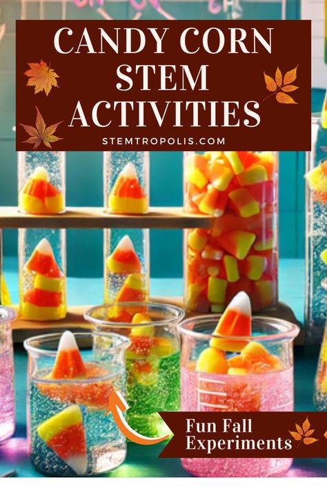 Discover exciting ways to teach fall science with candy corn! These fun experiments for kids are perfect for exploring Halloween STEM activities. From building a pumpkin candy catapult to dissolving candy corn in different liquids, these hands-on activities are great for preschool, kindergarten, and first grade. Engage kids with candy corn STEM and fun Halloween science experiments that are easy to set up and educational. Perfect for classroom or home learning this fall! 🎃👻 Fall Kindergarten Science Experiments, Pumpkin Hammer Activity, Halloween Stem Activities Kindergarten, Dissolving Candy Corn Experiment, Dancing Candy Corn Experiment, Kindergarten Fall Science Activities, Candy Pumpkin Activities, Fun Fall Activities For Kindergarten, Sensory Stem Activities