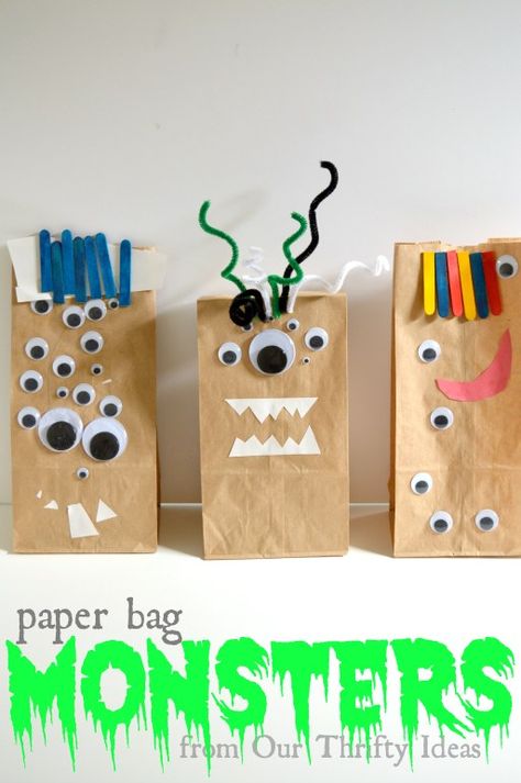 Paper Bag Monsters made by your kids Paper Bag Monsters, Monster Party Ideas, Scary Halloween Crafts, Monster Faces, Monster Craft, Paper Bag Crafts, Paper Bag Puppets, Monster Crafts, Halloween Preschool