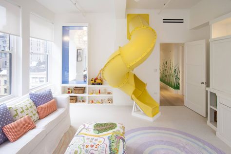 When pediatrician Dr. Beth Worley and her four children moved to Manhattan from Silicon Valley in 2012, the family spent the flight brainstorming how they could make their new home feel close to th… Kindergarten Interior, Indoor Slides, Farmhouse Side Table, Loft Studio, Playroom Design, Twin Bedroom, Casa Vintage, Jungle Gym, Decoration Inspiration