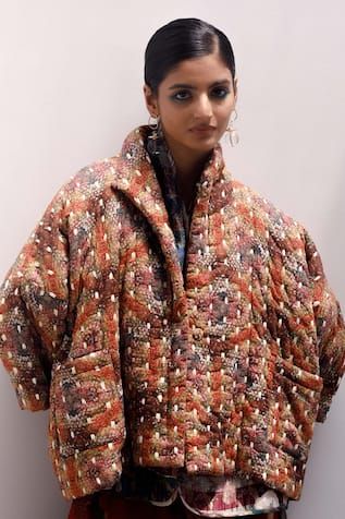 Multi color full sleeves jacket in 100% cotton base with all over artsy kaleidoscopy patterns, kantha stitch detailings and side patch pockets. - Aza Fashions Artsy Fashion Aesthetic, Quilted Jacket Women, Quilt Layers, Jacket Outfit Women, Womens Quilted Jacket, Quilt Sewing Patterns, Kantha Jacket, Women Jackets, Woven Jacket