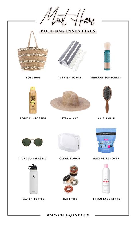 Pool Bag Essentials | Cella Jane Beach Bag Giveaway, Pool Day Checklist, Spa Day Bag Essentials, Beach Vacation Goodie Bags For Adults, Surf Bag Essentials, Picnic Bag Essentials, Beach Aesthetic Essentials, Beach Trip Necessities, Beach Bag Essentials For Women