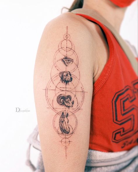 Chinese Zodiac Animals Tattoo, Zodiac Family Tattoo, Pices Zodiac Tattoo Women, Family Zodiac Tattoos, Couples Zodiac Tattoos, Chinese Zodiac Tattoo, Ox Tattoo, Pieces Zodiac, Tattoo Family