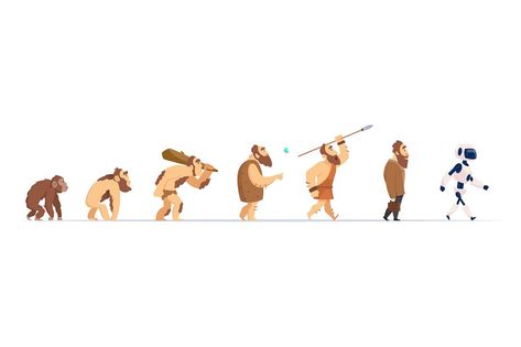 Human evolution. From monkey to cyborg historical concept exact vector revolutionizing characters. Illustration monkey evolution and development from homo to robot Human Evolution Illustration, Monkey Evolution, Evolution Illustration, Historical Concepts, Human Evolution, Hunter Gatherer, Cute Quotes For Life, Coffee Logo, Human Development