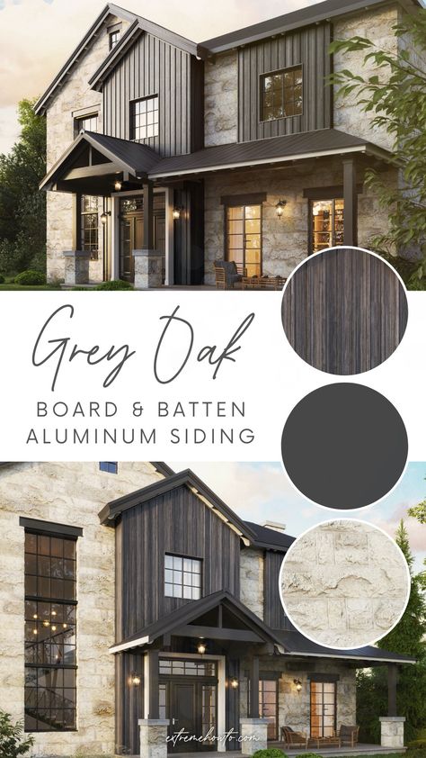 Enhance the curb appeal of your home with our Casa Exterior Cedar Renditions™ Aluminum Siding, featuring a board and batten profile that adds definition and texture to your exterior. With a variety of colors and finishes to choose from, you can easily find a perfect house color palette to match your farmhouse exterior design. With this siding, you can be sure to have the perfect eye-catching home exterior. Board And Batten Exterior, Farmhouse Exterior Design, Board Batten, Vertical Siding, Colors Combinations, Siding Colors, Cedar Homes, House Color Palettes, Aluminum Siding