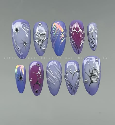 Add a touch of whimsy to your Halloween look with these witch-inspired nails. Adorned with shimmering crystals, these nails are perfect for anyone looking to add a bit of magic to their manicure. Nail Ideas Builder Gel, Jinx Themed Nails, Arcane Inspo Nails, Arcane Nails Design Hextech, Hextech Nails Arcane, Arcane Nails Ideas, Arcane Nails Design Vi, Chase Atlantic Inspired Nails, Cyberpunk Nails Design