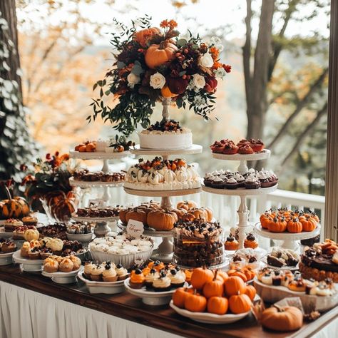 Sweet Fall Wedding Dessert Table Ideas: Tips to Delight Guests - Yeah Weddings Fall Cookie Table Display, Halloween Wedding Dessert Table, Fall Wedding Dessert Table Ideas, Dessert Bar Wedding Ideas, Fall Wedding Food Ideas Buffet, Autumn Candy Bar, Fall Wedding Dessert Table, Desert Bar Wedding, Wedding Treat Table