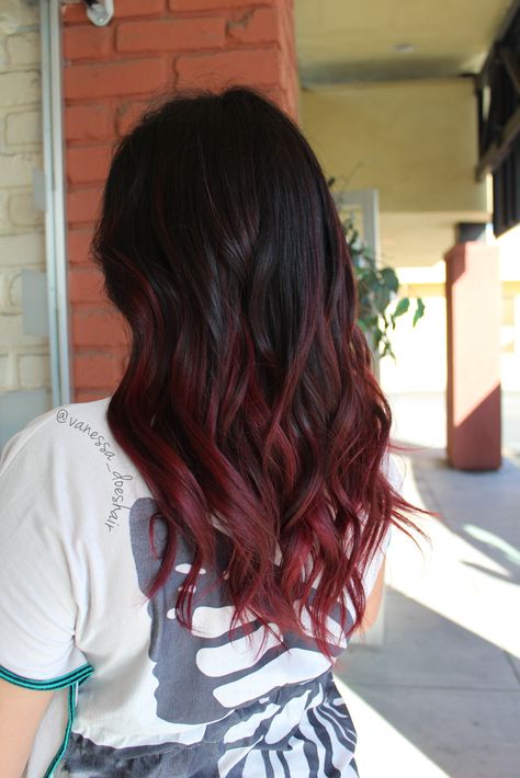 Burgundy Partial Balayage, Black Burgundy Ombre Hair, Brown And Burgundy Hair Balayage, Wine Red Streaks In Black Hair, Maroon Hair Dye Ideas, Brown With Burgundy Underneath, Burgundy Ends Hair, Burgundy Hair Ends, Red Hair Color Streaks