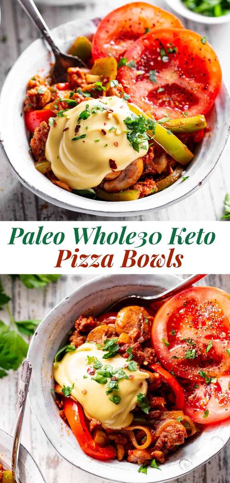 It's everything you love about pizza, deconstructed and served in a bowl!  These paleo pizza bowls are loaded with Italian sausage, veggies, and pizza sauce, then topped with a dairy free cheese sauce that's so tasty it's addicting!  These pizza bowls are Whole30 compliant, low in carbs, and you can use whatever "toppings" suit your taste.  Quick and easy, perfect for weeknights, filling and healthy. #paleo #whole30 #cleaneating #lowcarb #keto Paleo Bowl, Pizza Bowls, Hosting Recipes, Paleo Lunches, Paleo Running Momma, Pizza Bowl, Whole30 Dinner, Paleo Pizza, Whole 30 Lunch