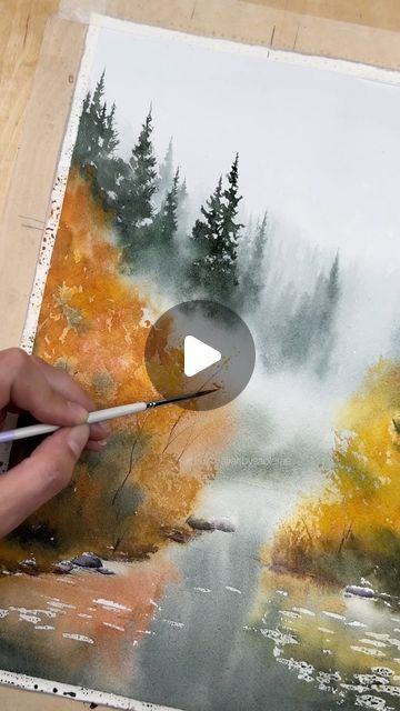 Sable on Instagram: "Watch this scene come to life 🍁  #watercolor #fall #autumn #watercolorlandscape" Watercolor Mountain Landscape Tutorial, Watercolor Texture Techniques, Watercolour Inspiration Landscape, Autumn Watercolor Landscapes, Fall Tree Drawing, Watercolor Fall Paintings, Watercolor Art Autumn, Autumn Watercolor Paintings, Watercolor Fall Landscape