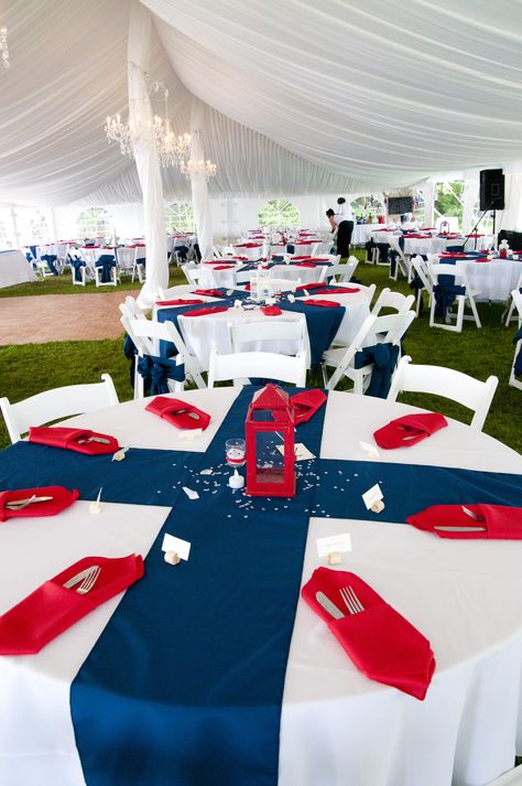 white table cloths, blue table runners, red napkins. A dance-floor, chandeliers. We rented a PA system for music and speeches. Red White Blue Wedding Decorations, Red White And Blue Retirement Party, Red White And Blue Birthday Decorations, Marines Wedding Ideas, Marine Corps Birthday Ball, Red White And Blue Table Decor, Red White Blue Wedding Theme, Red White And Blue Table Runners, Marine Corps Ball Centerpieces