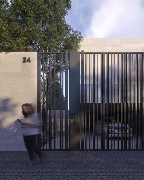 Minimalist Fence Design Modern Houses, Entry Fence And Gate, House Gate Design Front Entry, Minimalist Gate Design Modern, Gates Design Modern, House Entrance Gate, Metal Entrance Gates, Fence Design Modern, Gate Design Modern Entrance