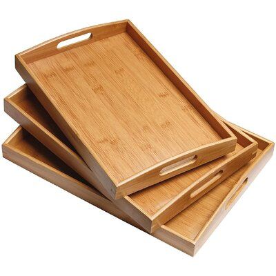 SET OF 3 TRAYS: One large, medium, small serving trays to assist with all your serving needs. Stackable, compact and easy storage when not in use. (L:16.5"*12"*1.2/M:15.5"*11"*1.2"/S:15"*10"*1.2") | Foundry Select Serving Tray Set, Bamboo Serving Tray Set w/ Handles - Set Of 3, Large, Medium, & Small Tray in Brown, Size 12.0 W in | Wayfair Round Wood Tray, Serving Tray Set, Ottoman Decor, Wood Serving Tray, Food Serving Trays, Wooden Serving Trays, Breakfast Dinner, Serving Trays With Handles, Food Breakfast