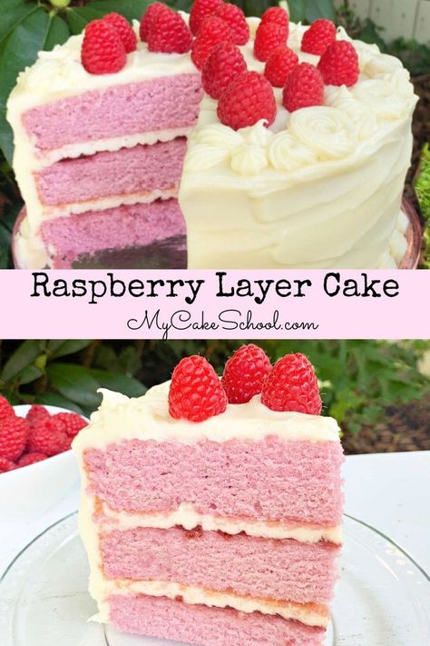 Moist and delicious Raspberry Layer Cake from scratch! This recipe is SO delicious! Snacking Cakes, Raspberry Layer Cake, My Cake School, Raspberry Cake Recipes, Cake Raspberry, Raspberry Desserts, Cake From Scratch, Fruity Cake, Layer Cake Recipes