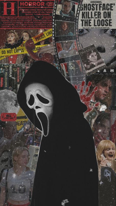 Scream Aesthetic Wallpaper, Ghostface Wallpaper Aesthetic, Scream Aesthetic, Scream 1996, Movie Collage, Ghostface Scream, Halloween Wallpaper Backgrounds, Horror Movie Shirts, Scary Wallpaper