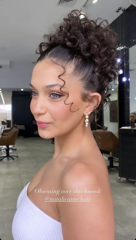 Elegant Updo For Naturally Curly Hair, Elegant Curly Bun Hairstyles, Hoco Hairstyles Updo Curly Hair, Curly Hair Updo Homecoming, Short Curly Hair Hoco Hairstyles, Formal Hairstyle Curly Hair, Bride With Naturally Curly Hair, Curled Updo Hairstyles Prom, Prom Curly Updo