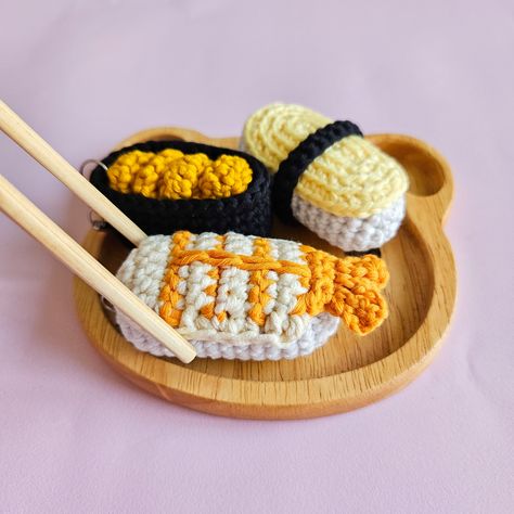 Sushi Crochet Keychain, Miniature Food Amigurumi Charm, Sushi Crochet Keyring Accessory, Amigurumi Tamago Sushi Charm by Mikamigurumi on Etsy Sushi Crochet, Crochet Sushi, Tamago Sushi, Food Amigurumi, Crochet Keyring, Amigurumi Keychain, Nigiri Sushi, Kawaii Crochet, Adorable Crochet