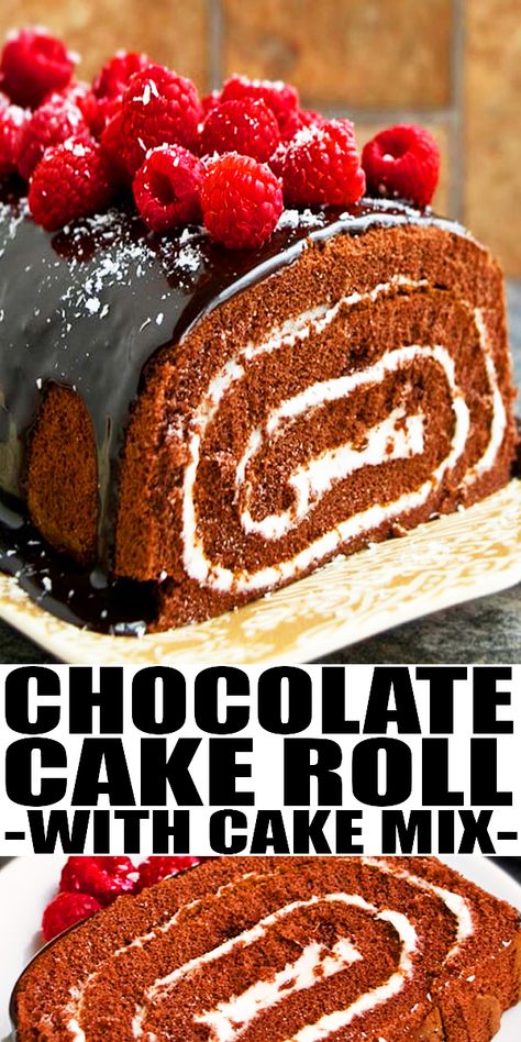 CHOCOLATE CAKE ROLL RECIPE- Easy roll cake, homemade with simple ingredients. Starts off with Devil’s food or chocolate cake mix. Filled with buttercream icing, topped with rich and creamy espresso chocolate ganache and fresh raspberries. Also known as Swiss Roll Cake. From CakeWhiz.com Chocolate Roll Cake Recipe, Chocolate Cake Roll, Amazing Chocolate Cake, Chocolate Swiss Roll, Chocolate Roll Cake, Chocolate Ganache Cake, Swiss Roll Cake, Ganache Cake, Cake Roll Recipes