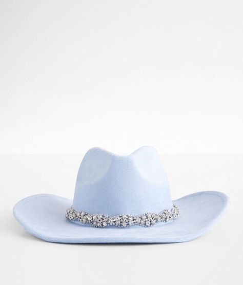 Rhinestone Banded Cowboy Hat - Blue , Women's Blue Faux suede structured hat Interior cinch tie band 3 1/2 brim One size fits most. 90% Polyester 10% Alloy. Machine wash cold. Do not bleach. Do not tumble dry. Cool iron. Do not dry clean. Apparel & Accessories > Clothing Accessories > Hats Cowboy Hats Women, Girl Hats, Blue Cow, The Fame, Nashville Bachelorette, Fits Inspo, Bach Party, Coastal Cowgirl, Coastal Chic