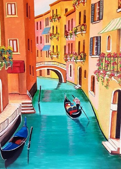 Italy Painting Acrylic, Italy Painting Easy, Fall Canvas Painting, Black Canvas Paintings, Art Zine, Canvas For Beginners, Italy Painting, Canvas Painting Tutorials, Easy Canvas Art