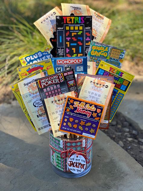 Made with LOTTO love. Message- “We won the JACKPOT with you!!!!” Lotto Ticket Bouquet Diy Gifts, 50th Birthday Lottery Ticket Gift, Lottery Tree Ideas Gift Baskets, Lotto Gift Ideas, Lotto Ticket Basket, Scratcher Bouquet Lottery Tickets, Lotto Ticket Bouquet, Lotto Ticket Gift Ideas, Lotto Ticket Gift