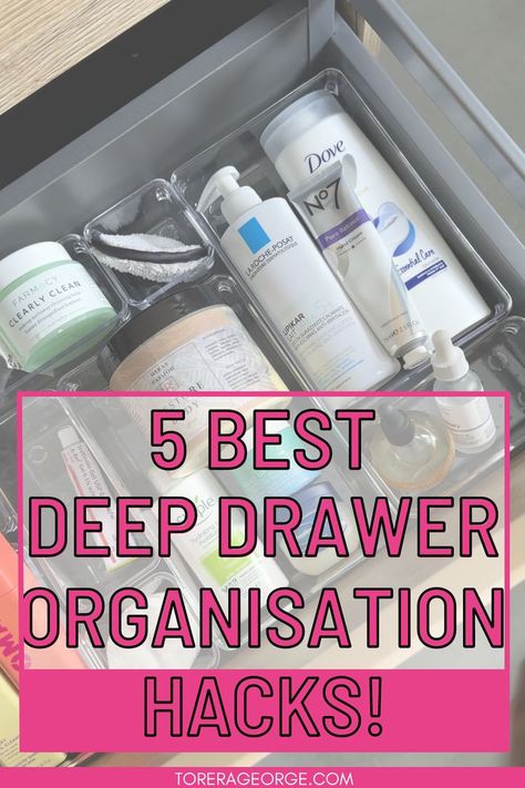 I'm OBSESSED with these bathroom drawer organization solutions! They're SO easy to implement & they make such a HUGE difference! This post is a GAME CHANGER for anyone with deep bathroom drawers! You can also try these tips to organise deep kitchen drawers Organization For Bathroom Drawers, Organizing Drawers Bathroom, Organize Drawers Bathroom, Stacking Drawer Organizer, Organizing Bathroom Vanity Drawers, Deep Drawer Storage Ideas, Bathroom Organization Deep Drawers, Deep Drawers Organization, Product Organization Beauty