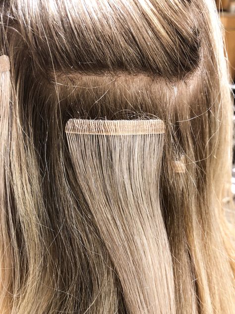 Everything You Need To Know About Tape-In Hair Extensions | Katie's Bliss Shoulder Length Tape In Extensions, Before And After Tape In Extensions, Medium Length Haircut With Extensions, Tape Hair Extensions Before And After, Tape Extensions Before And After, Hair Styles For Tape In Hair Extensions, Hair Styles With Tape In Hair Extensions, How To Style Tape In Hair Extensions, Tapein Extensions Hairstyles