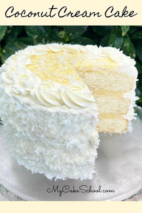 Coconut Cream Cake | My Cake School Coconut Cream Cake Recipe, Cake With Lemon Curd Filling, Lemon Coconut Cake, Lemon Cake Mix Recipe, My Cake School, Cake With Lemon Curd, Coconut Cream Cheese Frosting, Coconut Cream Cake, Lemon And Coconut Cake