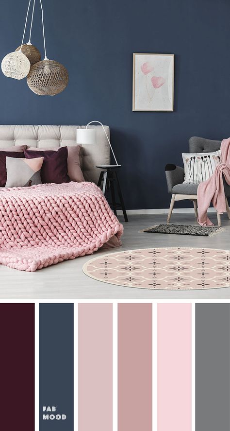 Beautiful bedroom color scheme : Purple + pink + Navy blue - Fabmood | Wedding Colors, Wedding Themes, Wedding color palettes Beautiful Bedroom Colors, Blue Interiors, تصميم داخلي فاخر, Hemma Diy, Living Room Color Schemes, Bedroom Color, Bilik Tidur, Room Color Schemes, Bedroom Color Schemes