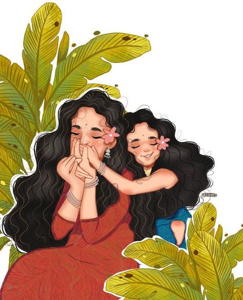 Mother And Daughter Drawing, Mother Daughter Art, Bengali Art, Indian Illustration, Art Painting Gallery, Indian Folk Art, Mom Art, Girly Art Illustrations, Indian Art Paintings