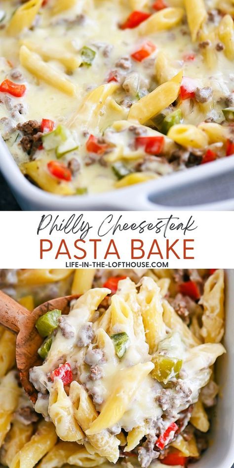 Chicken Noodle Bake, Philly Cheesesteak Pasta, Cheesesteak Pasta, Chicken Philly Cheesesteak, Cheese Pasta Bake, Philly Cheese Steak Casserole, Steak Pasta, Simple Family Meals, Pepper Pasta