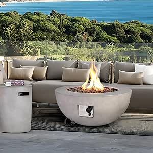 lovamsal 31.5 Inch Outdoor Propane Fire Pit Coffee Table Gas Firepit 2-Piece 50,000 BTU Gas Concrete Round Burner Tank Cover Fire Table with Lid for Garden Pool, Backyard-31.5" Grey