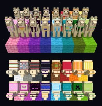 Trails And Tails Minecraft, Llama Carpets Minecraft, Minecraft Llama Carpet, Minecraft Tool Name Ideas, Minecraft Wool Colors, Minecraft Dye Guide, Minecraft Cats Types, Strip Mine Minecraft, Minecraft Information Board