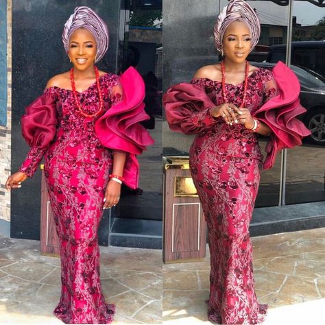 Asoebi inspiration styles Wine Lace Aso Ebi Styles, Latest Gele Styles, Lace Aso Ebi Styles, African Print Outfits, Aso Ebi Styles Lace, Nigerian Lace Dress, Gele Styles, Nigerian Dress Styles, Aso Ebi Style