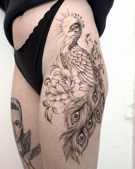 MIRIAM | Fine line tattoos on Instagram: “Peacock and camellias 🔥 #tattoos #tattooideas #tattooartist #finelinetattoo #peacocktattoo #floraltattoos #tattoosforgirls #inkedmag…” Peacock Tattoo Sleeve, Peacock Tattoo, Floral Tattoo Sleeve, Cover Up Tattoo, Hip Tattoo, Fine Line Tattoos, Line Tattoos, Fine Line, Thigh Tattoo