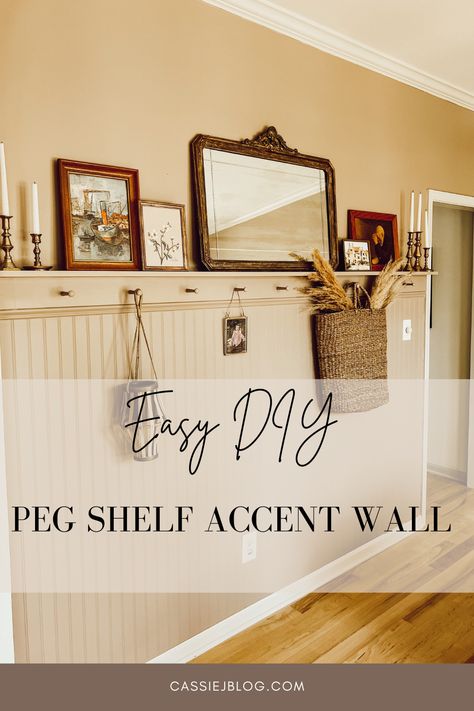 Half Painted Wall With Shelf, Mudroom Ideas Beadboard, Wall Shelf Entryway, Beadboard Half Wall In Kitchen, Kitchen Wall Board And Batten, Beadboard With Shelf And Pegs, Bead Board With Ledge, Entryway Beadboard Wall, Wood On Bottom Half Of Wall