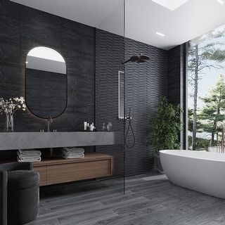 Unusual Mirror Ideas, Bathroom Dark Granite Countertops, Modern Black Bathroom Decor, Small Bathroom Dark Tile, Black Modern Farmhouse Bathroom, Bathroom Ideas Black Vanity, Grey Countertops Bathroom, Dark Shower Tile Ideas, Men Bathroom Ideas