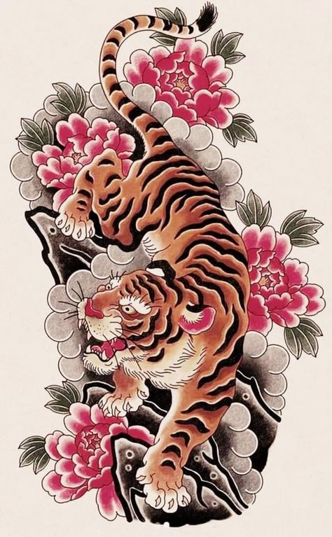 Japanese Tattoo Filler Ideas, Japanese Tattoo Art Tiger, Japanese Tattoo Animals, Japanese Tiger Drawing, Japanese Tattoo Tiger, Japanese Art Tiger, Tiger Japanese Art, Japanese Animal Tattoo, Tiger Tattoo Japanese