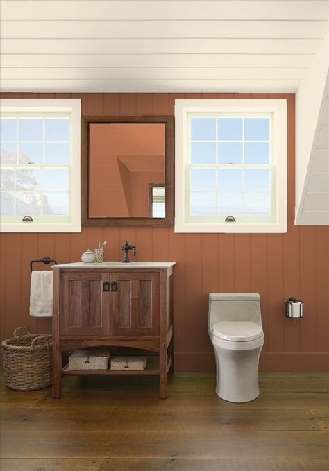 Benjamin Moore-Wall-Copper Kettle. Ceiling & Trim-Navajo White Hgtv Bathroom, Tranquil Bathroom, Color Combinations Paint, Bathroom Paint Colors, Paint Colors Benjamin Moore, Interior Painting, Upstairs Bathrooms, Interior Paint Colors, Green Bathroom