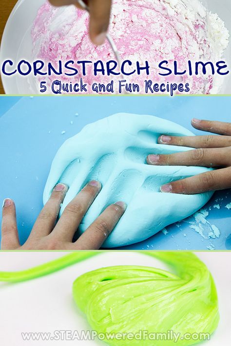 Make cornstarch slime with any one of our 5 proven, tested and kid approved cornstarch slime recipes. From simple with only 2 ingredients to super stretchy creations of cornstarch slime, we have it all. We even have glue free and taste safe versions for little ones who might be tempted to take a nibble. Super fast and easy to make, these recipes will provide hours of entertainment and sensory playtime fun! #cornstarchslime #slime #Slimerecipe #CornstarchSlimeRecipe #GlueFreeSlime via @steampower Slime With Conditioner And Cornstarch, Preschool Slime Recipe, Small Batch Slime Recipe, Slime Made With Cornstarch, Shaving Cream And Corn Starch, Slime Recipe Easy No Contact Solution, Glue Free Slime Recipe, At Home Slime Recipe, Cornstarch Slime 2 Ingredients