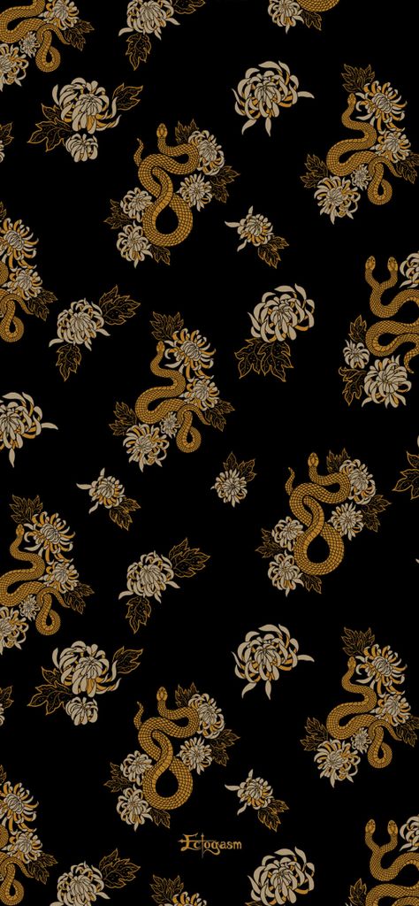 This elegant phone wallpaper features a witchy pattern of snakes and chrysanthemum flowers in black and gold. Download it free from Ectogasm! Chrysanthemum Wallpaper, Snake Phone Background, Green Snake Wallpaper Aesthetic, Black Snake Wallpaper Aesthetic, Snake Background Wallpapers, Red And Black Snake Wallpaper, Gold And Black Wallpaper, Gold Wallpaper Phone, Snake Wallpaper