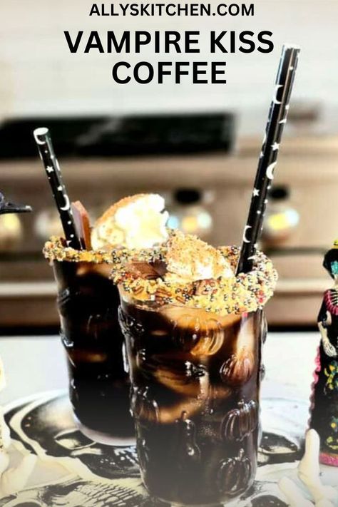 Two vampire kiss coffee cocktails on plate. Fall Coffee Drinks, Vampire Kiss, Light Dinner Recipes, Themed Drinks, Halloween Cocktails, Halloween Vampire, Coffee Cocktails, Halloween Drinks, Best Sandwich