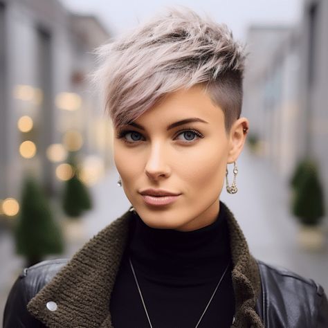 Spunky Pixie Hairstyles, Cropped Womens Hair, Short Pixie Undercut Hair, Short Hair Asymmetrical Pixie, Short Pixie Haircuts Shaved Sides, Edgy Pixie Haircuts Fine Hair, Short Pixie Undercut Hairstyles Edgy, Super Short Pixie Shaved Sides Fine Hair, Short Hairstyles With Side Part