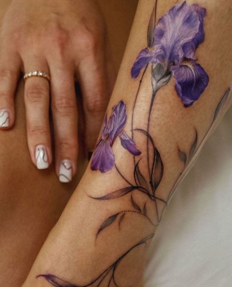 Iris Flower Tattoo Design Iris Tattoo Small Simple, Interesting Flower Tattoo, Purple Iris Tattoo Design, Iris Tattoo Arm, Purple Violet Tattoo, Iris Flower Tattoos, Purple Iris Tattoo, Purple Ink Tattoo, Exotic Flower Tattoos