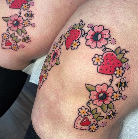 This might be the prettiest tattoo we’ve ever seen from Heavy Petal – who else agrees?  Created with #magnumtattoosupplies ❤️  #tattoo #tattooartist #tattoos #tattooart #flowertattoo #floraltattoo #betattoo #cutetattoo #kawaiitattoo Kawaii Chest Tattoo, Fair Tattoo Ideas, American Traditional Tattoo Women, Strawberry Shortcake Tattoos, Strawberry Knee Tattoo, Cute Food Tattoos, Girly Tattoo Sleeve, Cute Knee Tattoo, Princess Bubblegum Tattoo