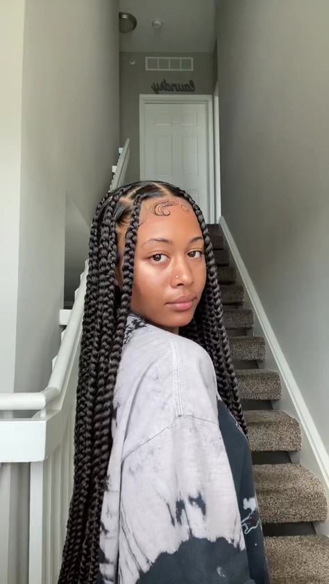 Box Jumbo Braids Hairstyles, Knotless Jumbo Braids With Curls, Rastafri Braiding Hair, Cute Cornrow Hairstyles Black Women Natural Hair, 10 Box Braids Hairstyles, Four Braids Black Women, Box Braids Big Sections, Easy Braid Extension Hairstyles, Knotless Box Braids Jumbo Long