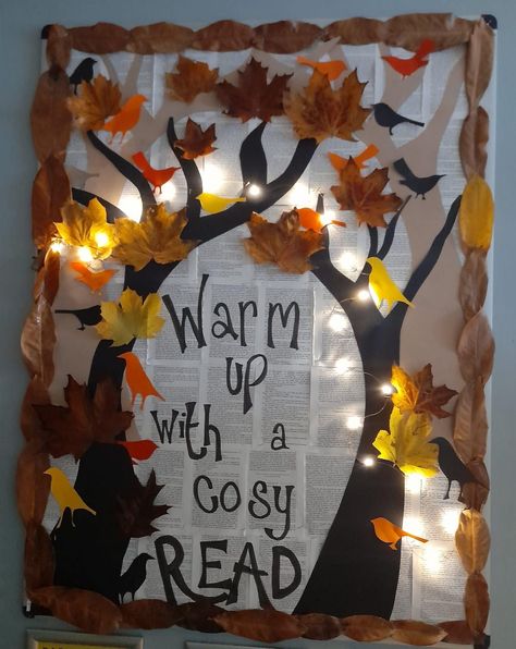 Fall Ela Bulletin Board, Library Thanksgiving Bulletin Boards, Fall Decorations For Library, Cozy Up With A Good Book Bulletin Board, Thanksgiving Library Decorations, Bulletin Board Ideas November, Fall Library Programs, November Bulletin Board Ideas Preschool, Fall Library Decor