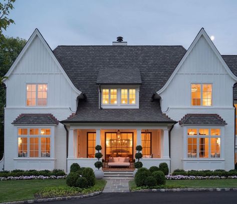 Golden Hour Glow | Bevolo Transitional Farmhouse Exterior, Traditional Farmhouse Plans, Front Door Landscaping, Modern Cottage Homes, Modern Classic Home, Nice Houses, Brick Exterior, Narrow House, Tudor Style